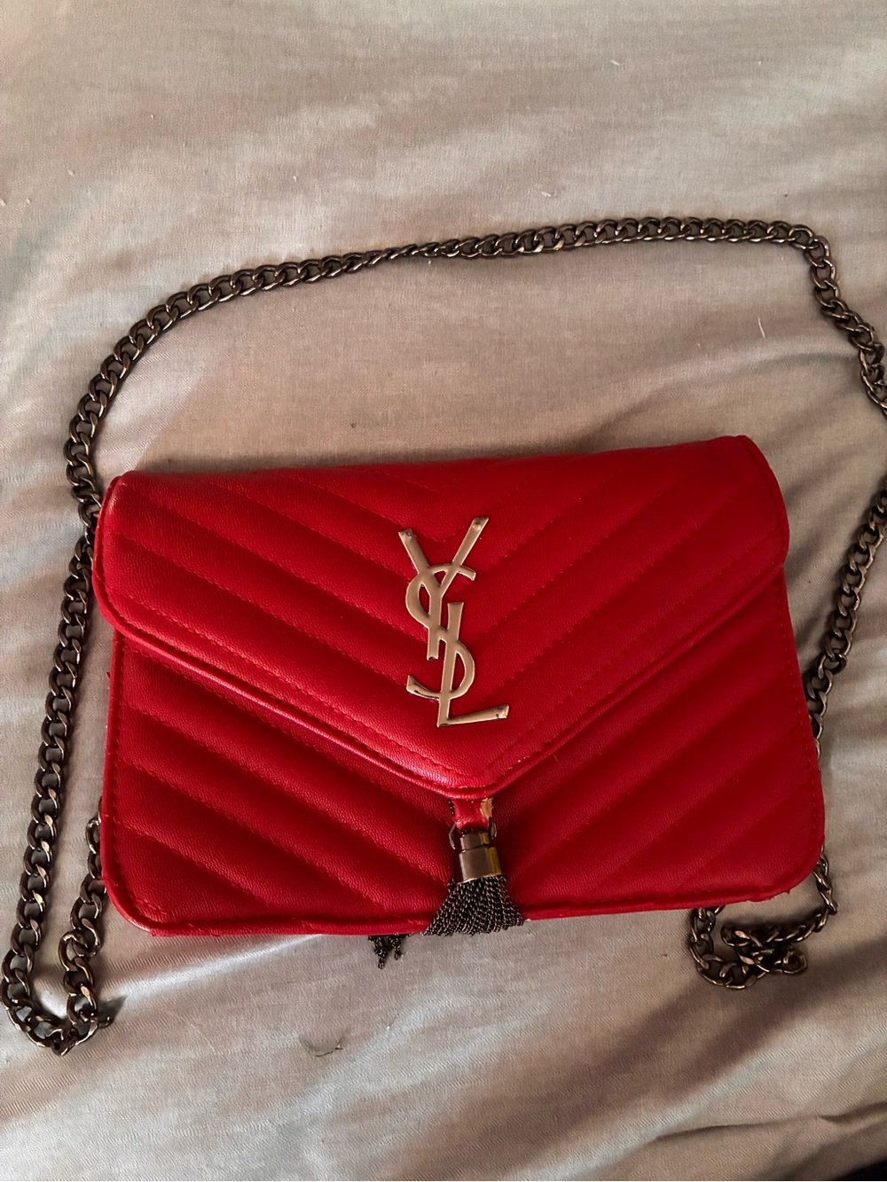 Saint Laurent Red Quilted Leather Chain Crossbody with YSL Tassel